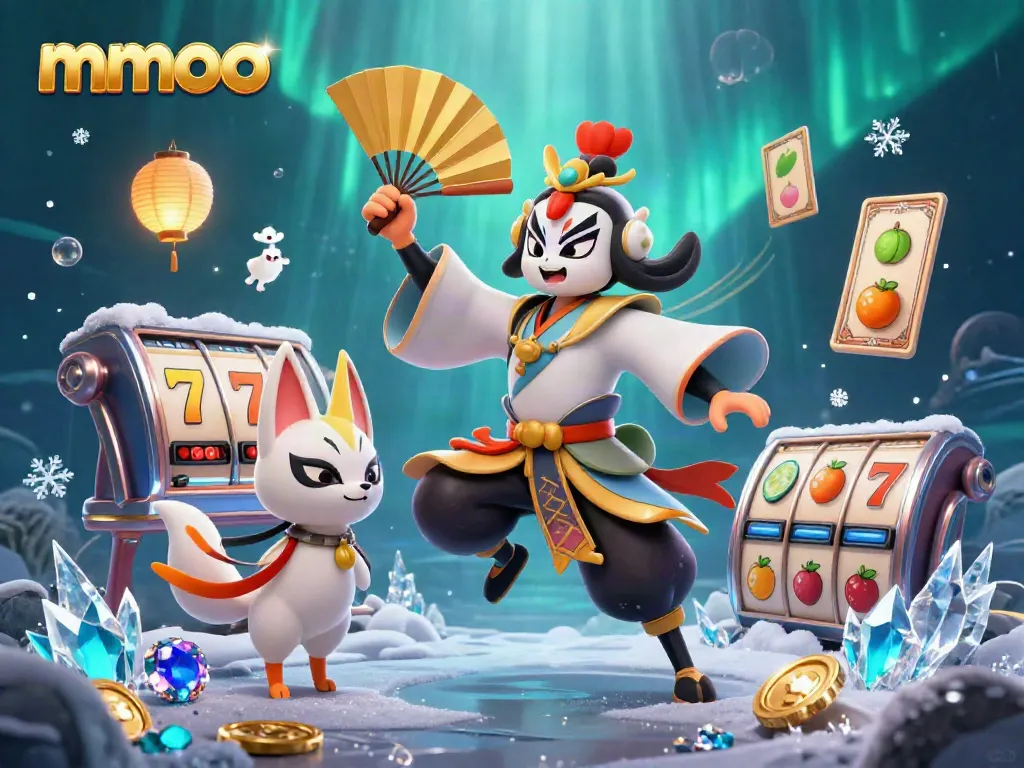 Experience thrilling slots with mmoo, featuring a kabuki warrior and magical elements.
