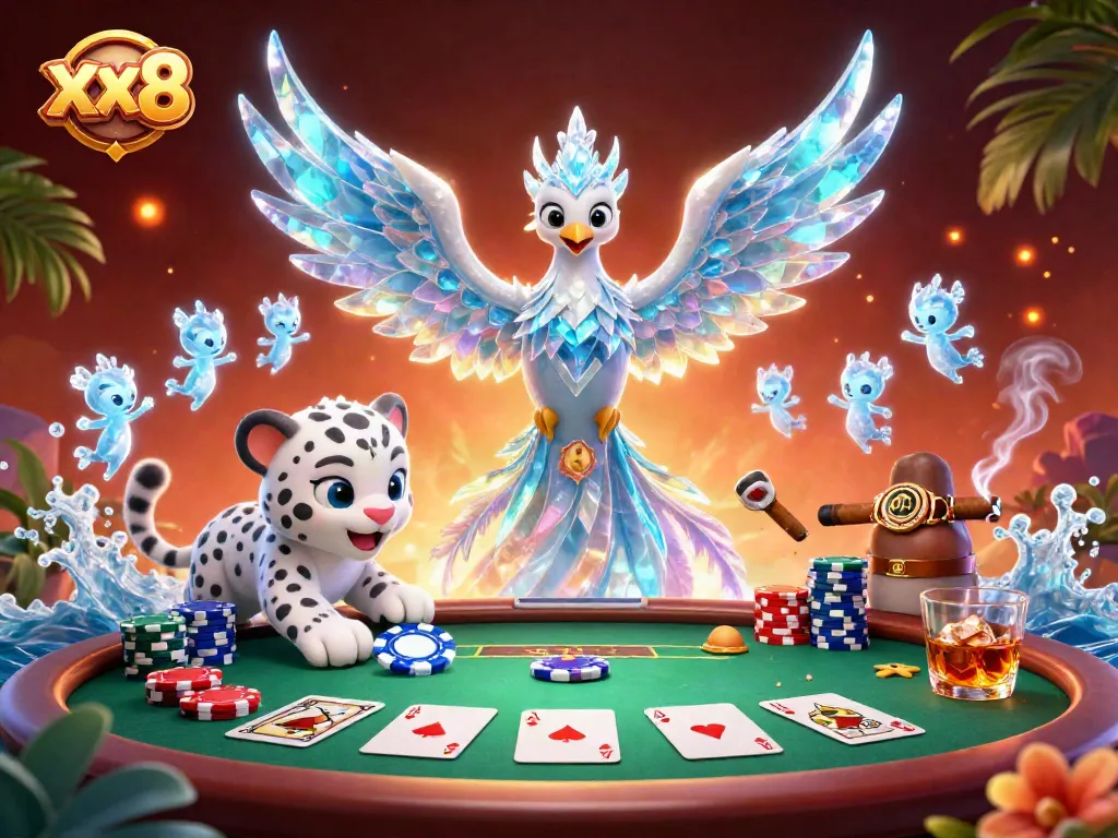 Engage with xx8 as the ice phoenix and snow leopard cub enhance the thrilling poker scene.
