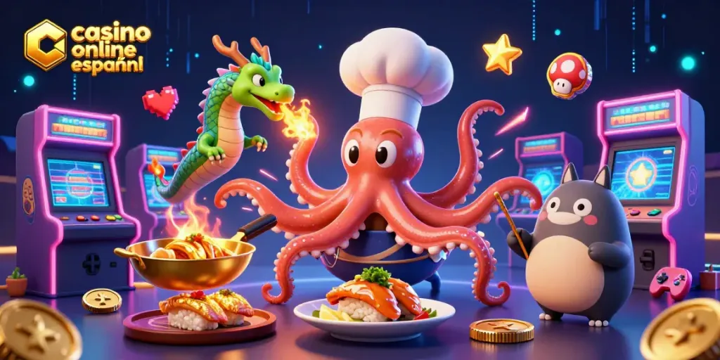 Juega en un casino online español con un chef pulpo, un dragón y un cliente tanuki que disfrutan de la experiencia