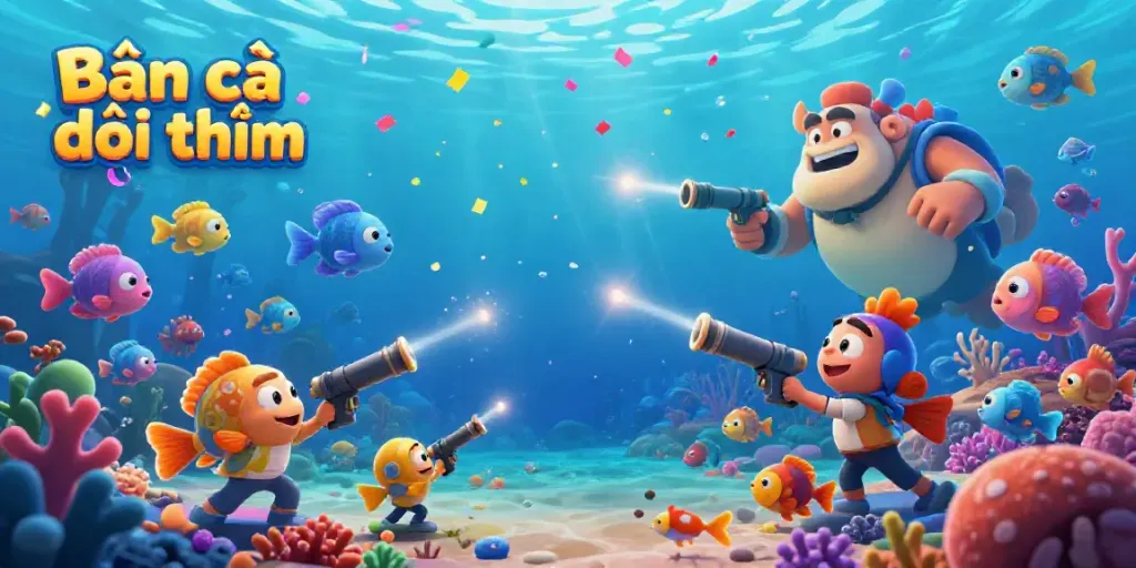 Bắn cá đổi thưởng scene showcasing dynamic underwater gameplay with fish shooting cannons and vibrant sea creatures.