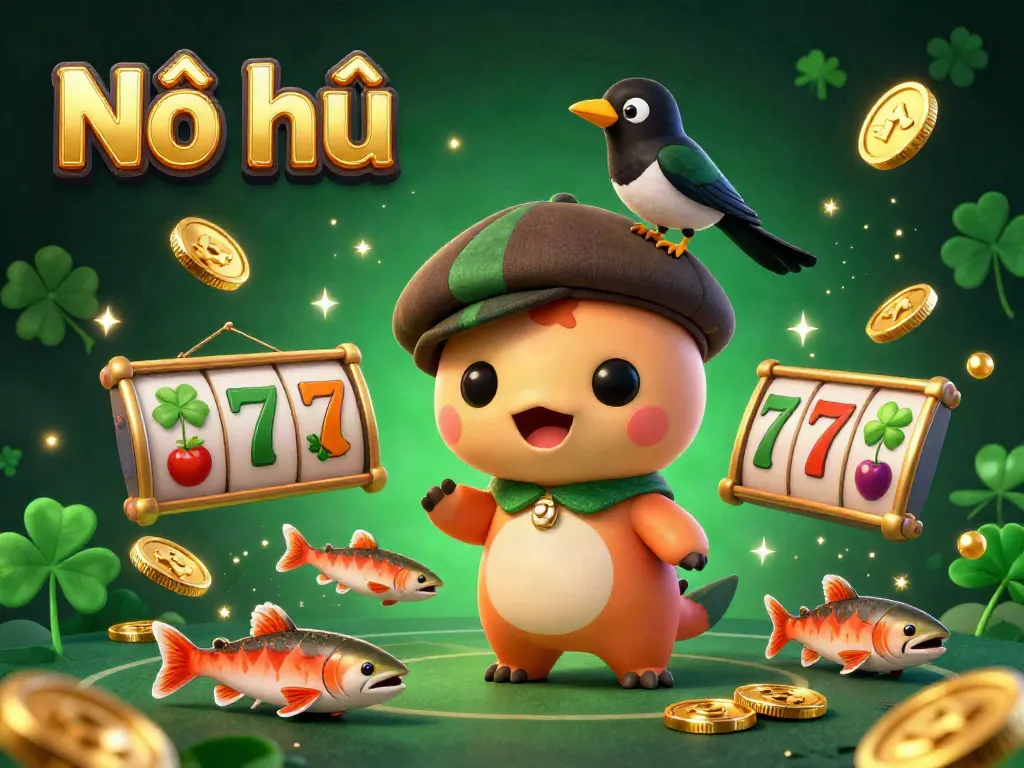 Nổ hũ slot game action featuring cartoon Nessie, magpie, and dynamic slot reels for an immersive experience.