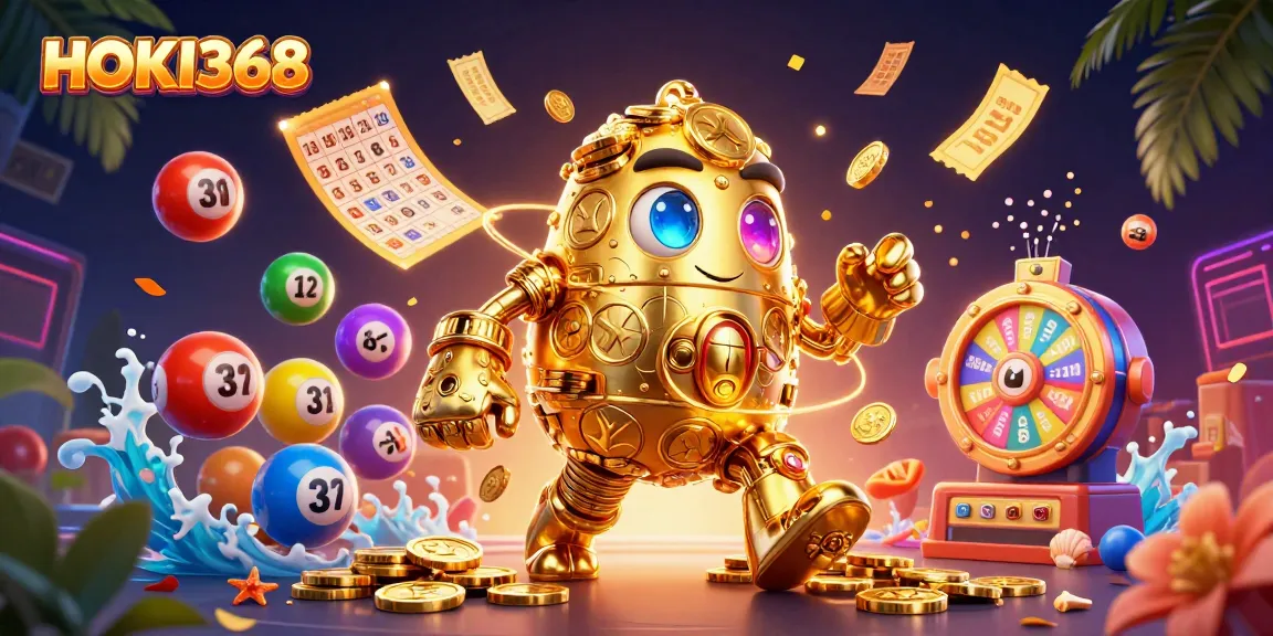 Engage with HOKI368's golden golem in a vibrant online gaming celebration, showcasing lottery excitement.