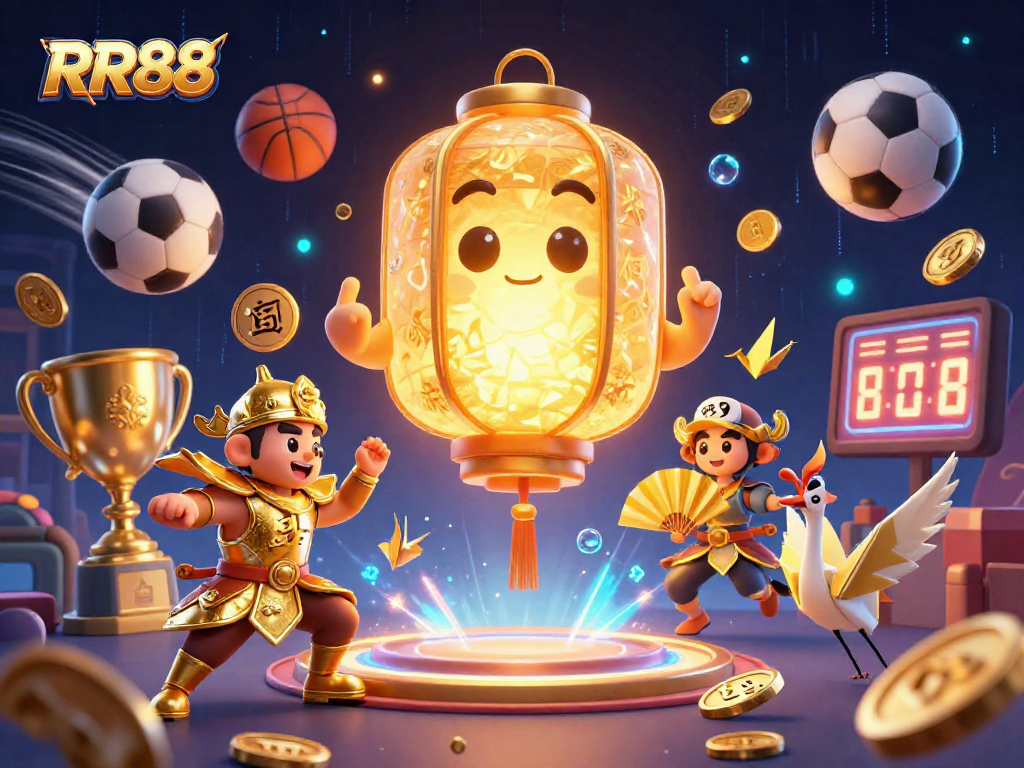 Experience RR88's exciting games with vibrant 3D visuals featuring golden lanterns and sports elements.