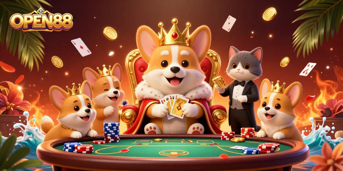 Experience thrilling action with OPEN88 as vibrant casino elements surround a royal corgi.