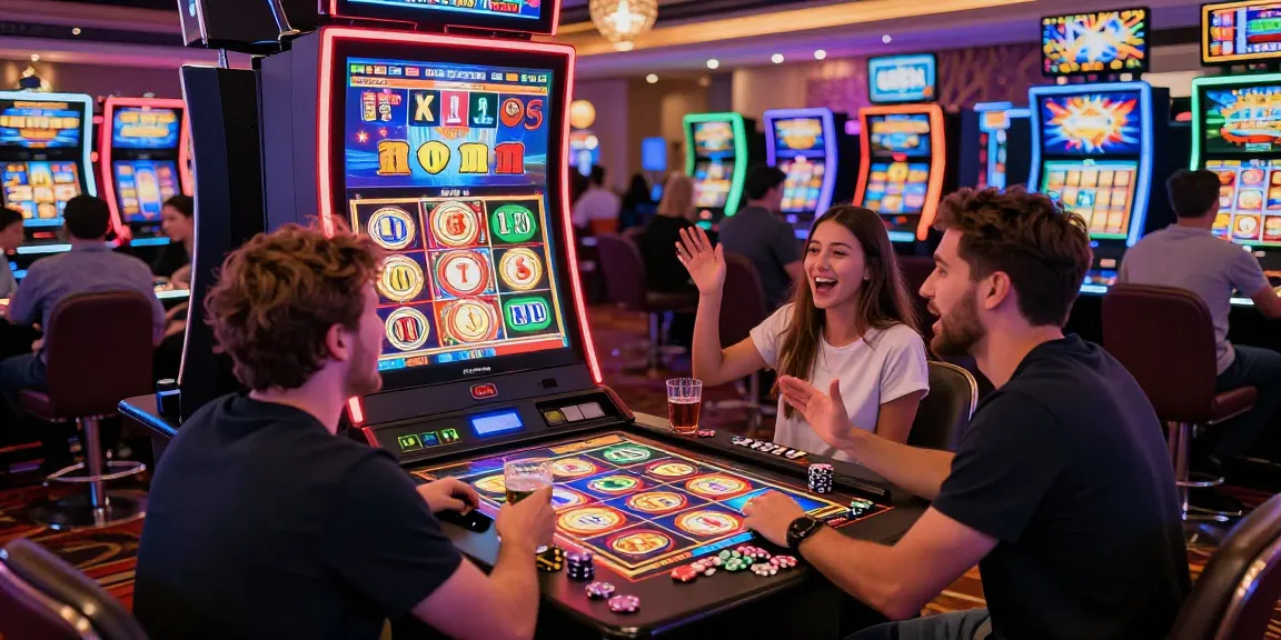 Players celebrating a slot jackpot win at a vibrant casino.