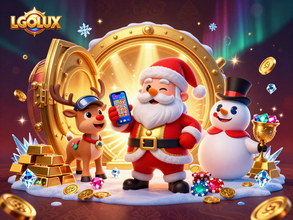 Play and win big at LGOLUX with festive characters enjoying jackpot slots in a casino