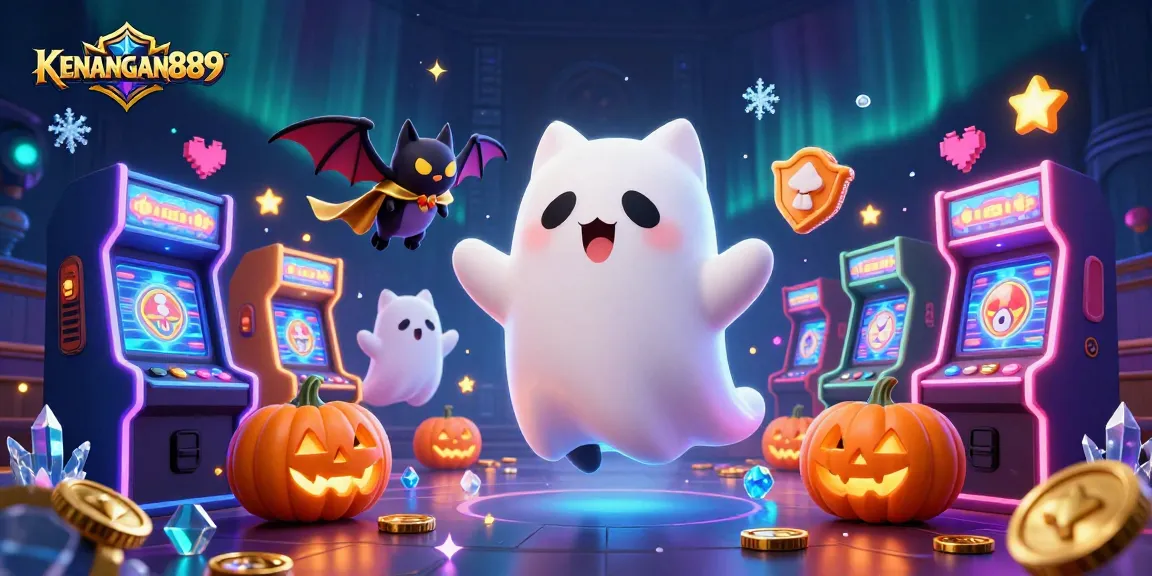 KENANGAN889 slots come to life with a ghost cat and bat in a haunted casino scene.