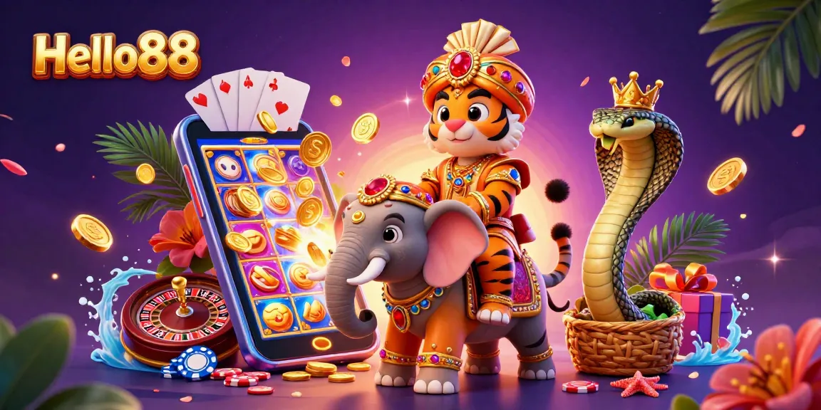 Experience Hello88 excitement with an ultra-detailed fantasy casino scene featuring dynamic game elements.