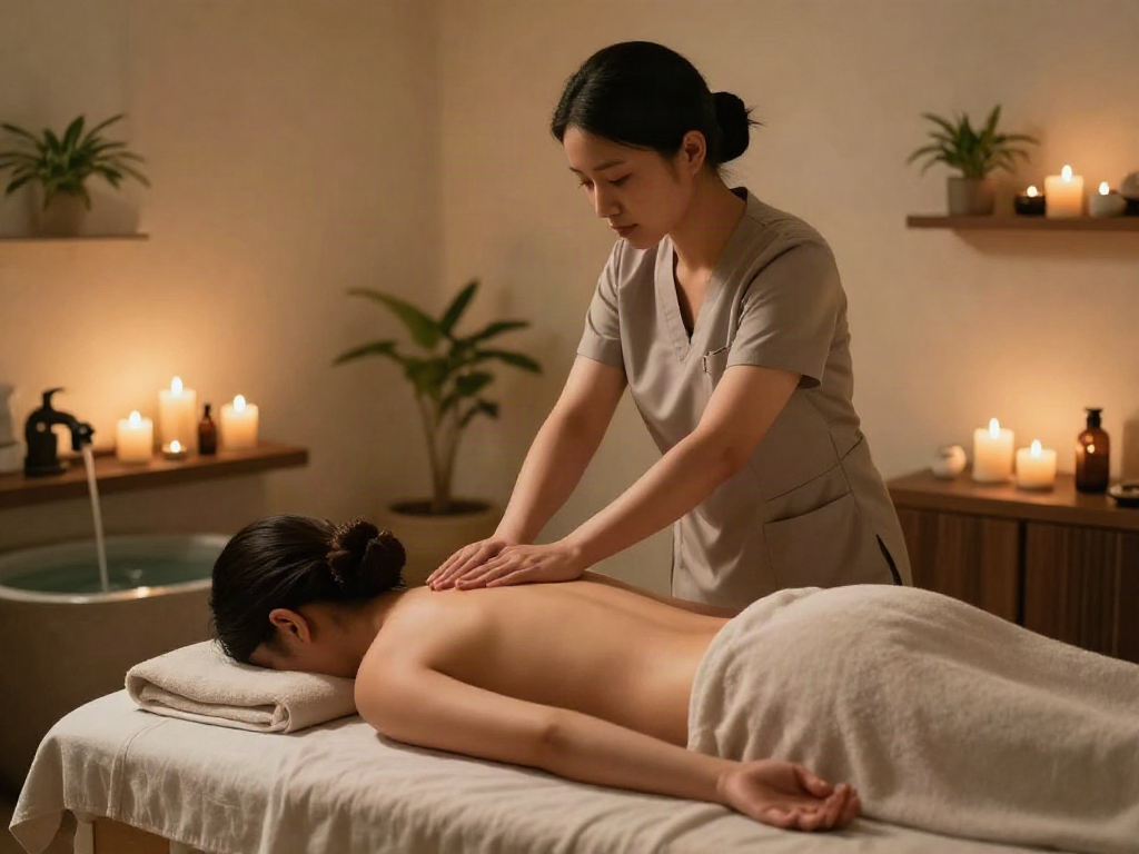 Relaxing 화성출장마사지 session in a serene spa environment with professional masseuse and calming elements.