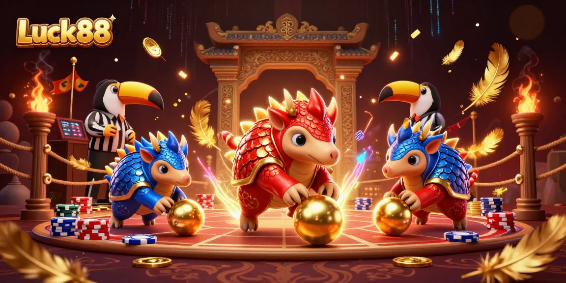 Experience the excitement of Luck88 as cartoon pangolins battle in a vibrant casino scene.