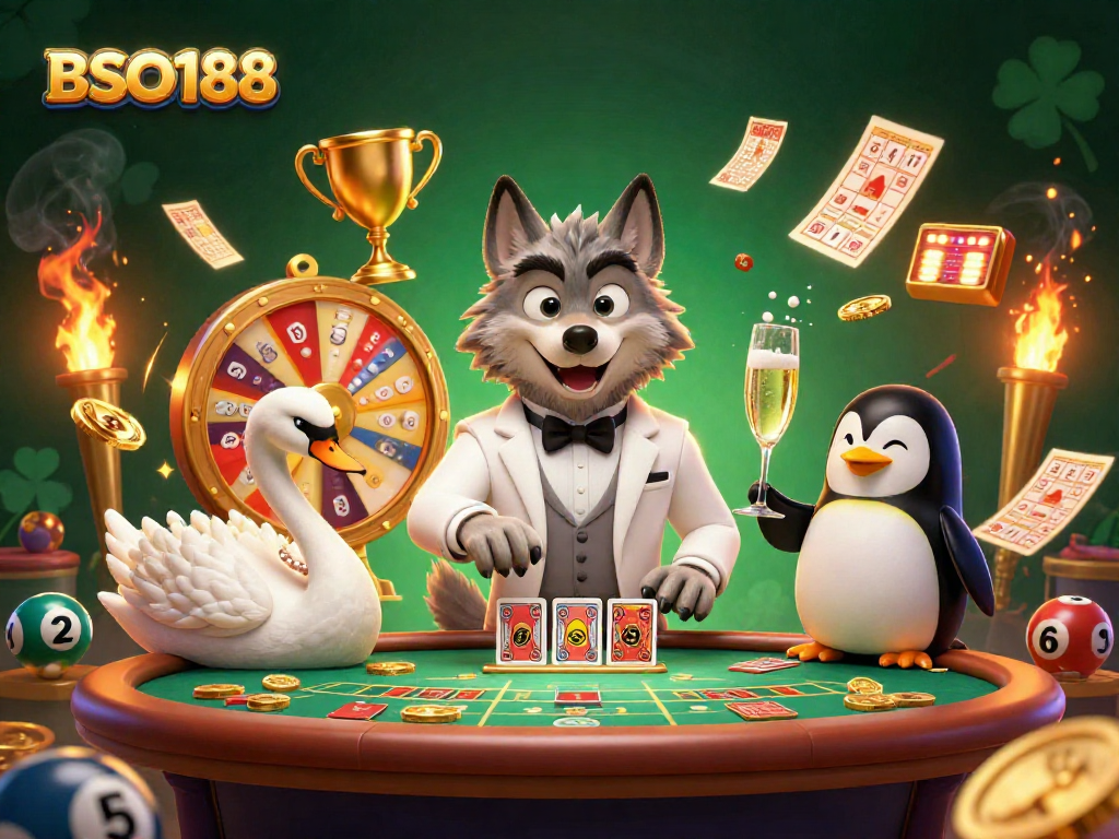 Engaging illustration depicting BSO188 with a debonair wolf, elegant swan, and penguin at a vibrant lottery scene.