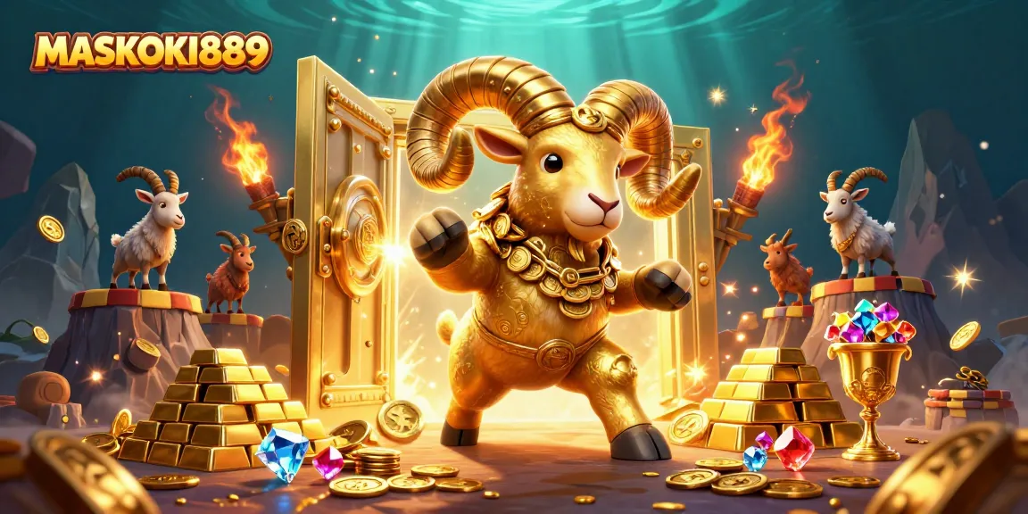 Engage in winning slots with MASKOKI889 featuring a golden ram in a vibrant casino scene.