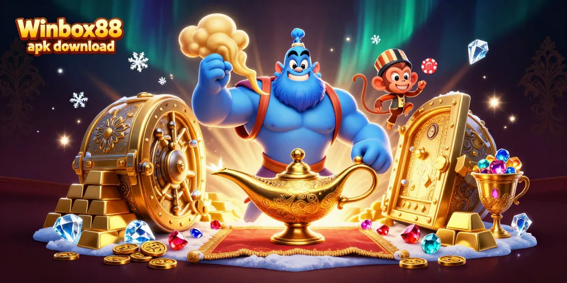 Experience the excitement of Winbox88 apk download with a vibrant 3D casino illustration showcasing magical characters and treasures.