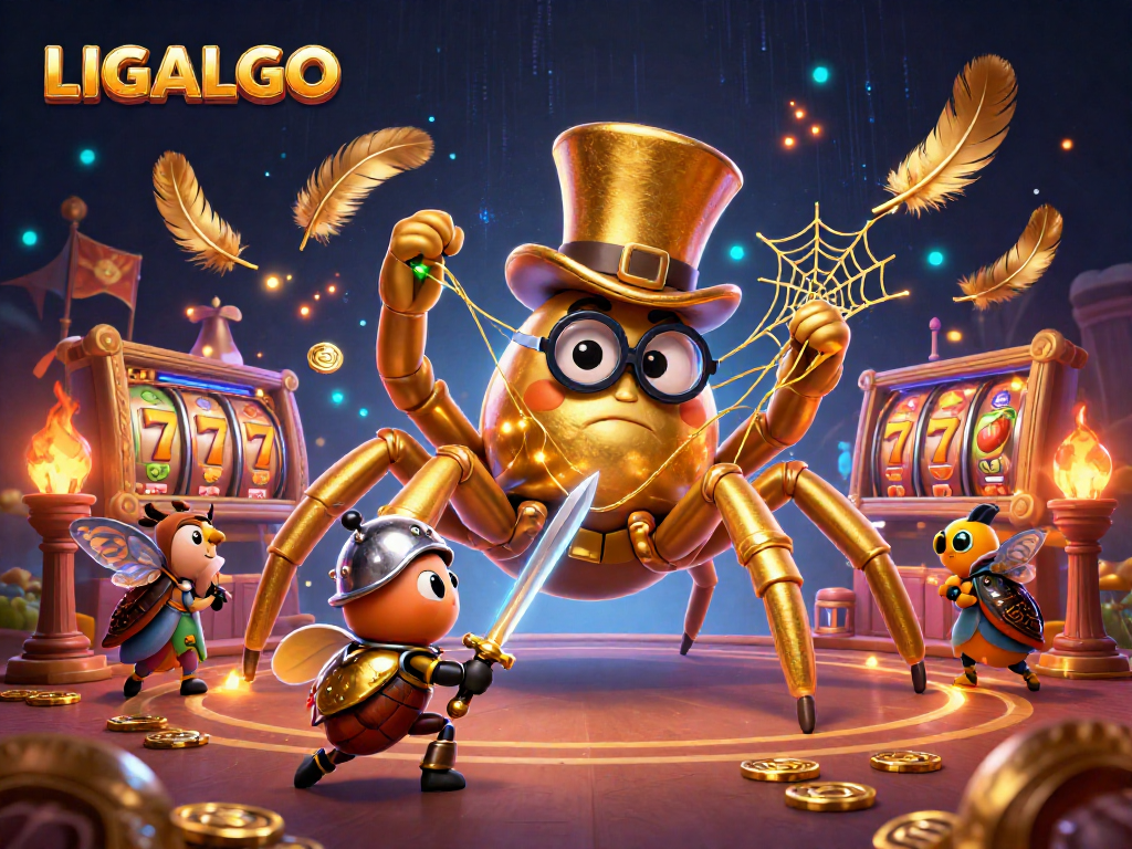 LIGALGO's vibrant 3D illustration showcases a golden tarantula, beetle knight, and slot game elements.