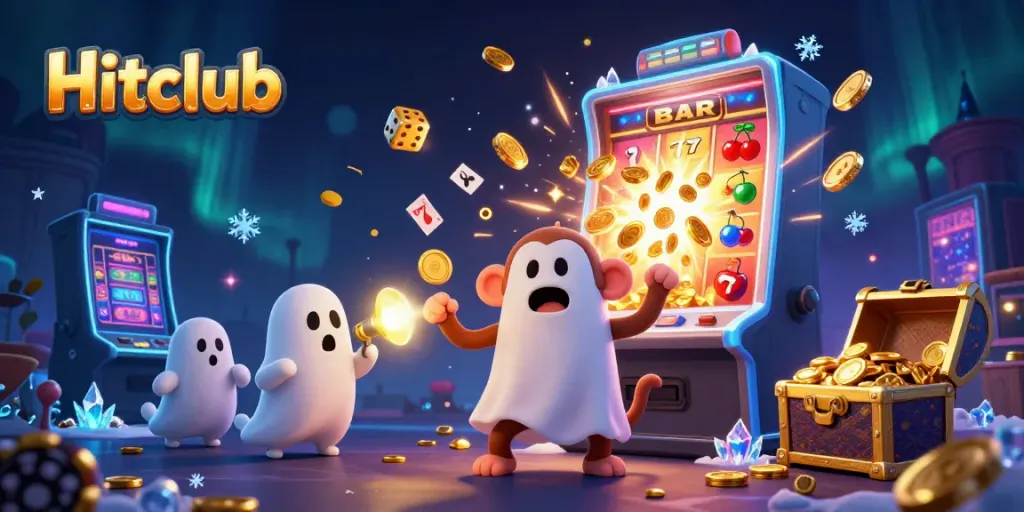 Hitclub gaming scene with mischievous monkey juggling slots and glowing coins.