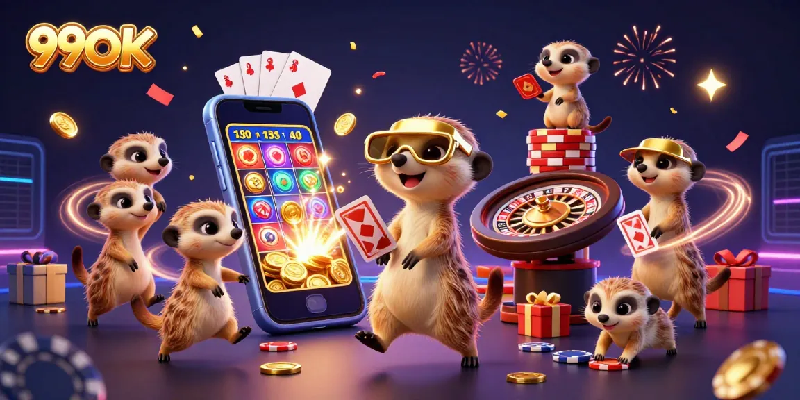 Engage in thrilling casino action with 99OK and meerkat characters amid exciting slot games and confetti.