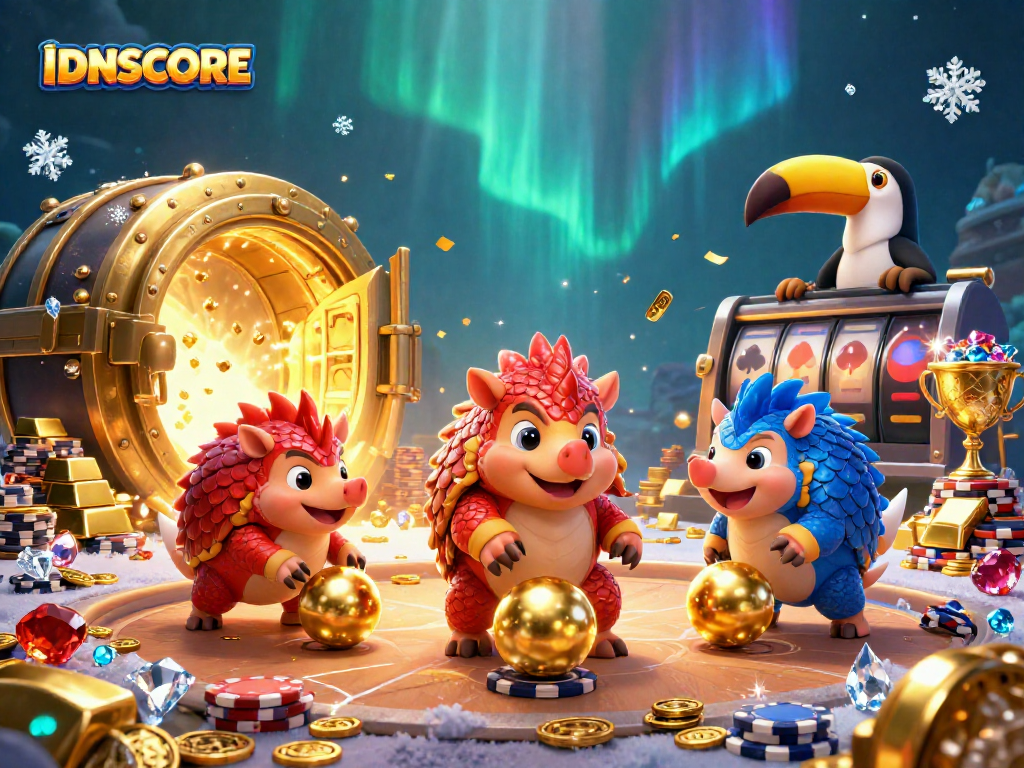 IDNSCORE loyalty point event featuring pangolins bowling through poker chips in a vibrant casino scene.
