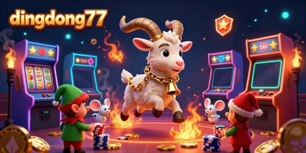 Dingdong77's vibrant holiday-horror casino scene featuring a Krampus goat, angel mouse, and elf gremlins stealing chips.