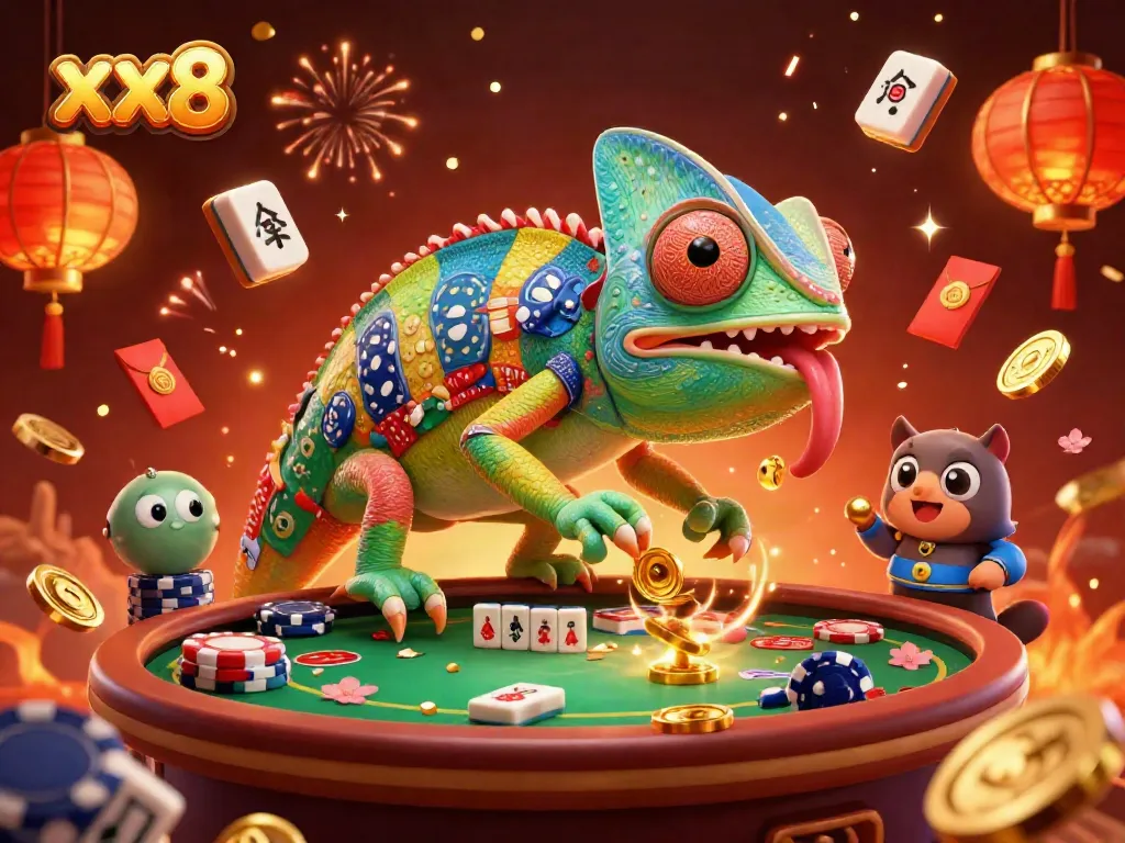 Spin and win with xx8 at this vibrant 3D chameleon casino scene filled with lucky symbols.