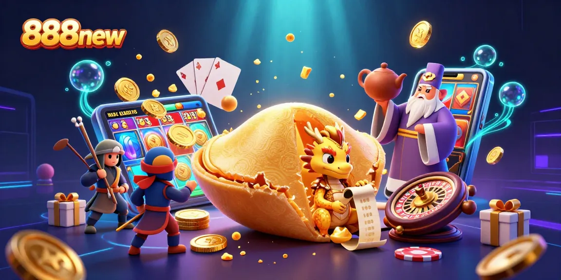 Engage with dynamic 888new gaming, featuring golden fortune cookie and vibrant casino elements.
