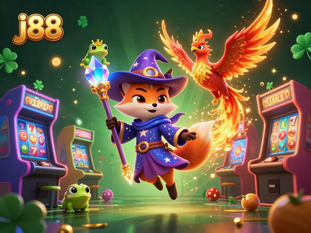 Experience thrilling j88 casino action with a whimsical wizard, phoenix, and vibrant slots.
