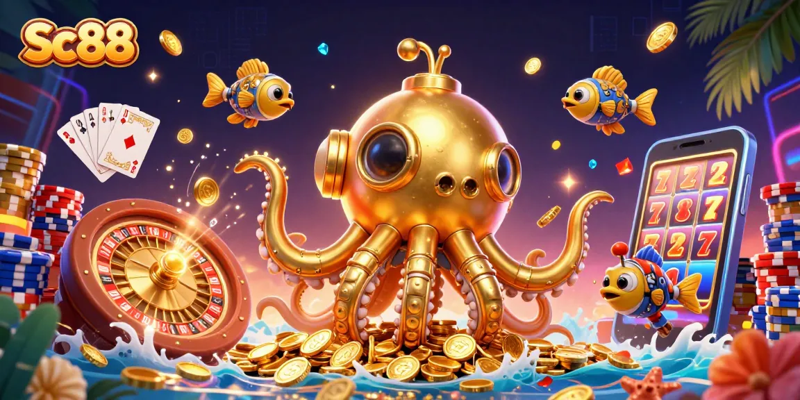 Join the adventure at Sc88 with a golden kraken submarine amidst cascading coins and thrilling casino elements.