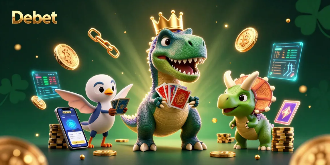 Debet casino scene featuring a T-Rex, pterodactyl, and triceratops engaging in gaming actions.