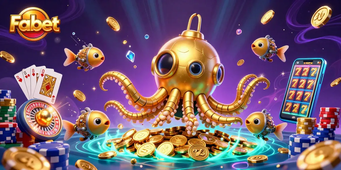 Fabet showcases thrilling casino excitement with a golden kraken submarine amidst cascading coins and colorful games.