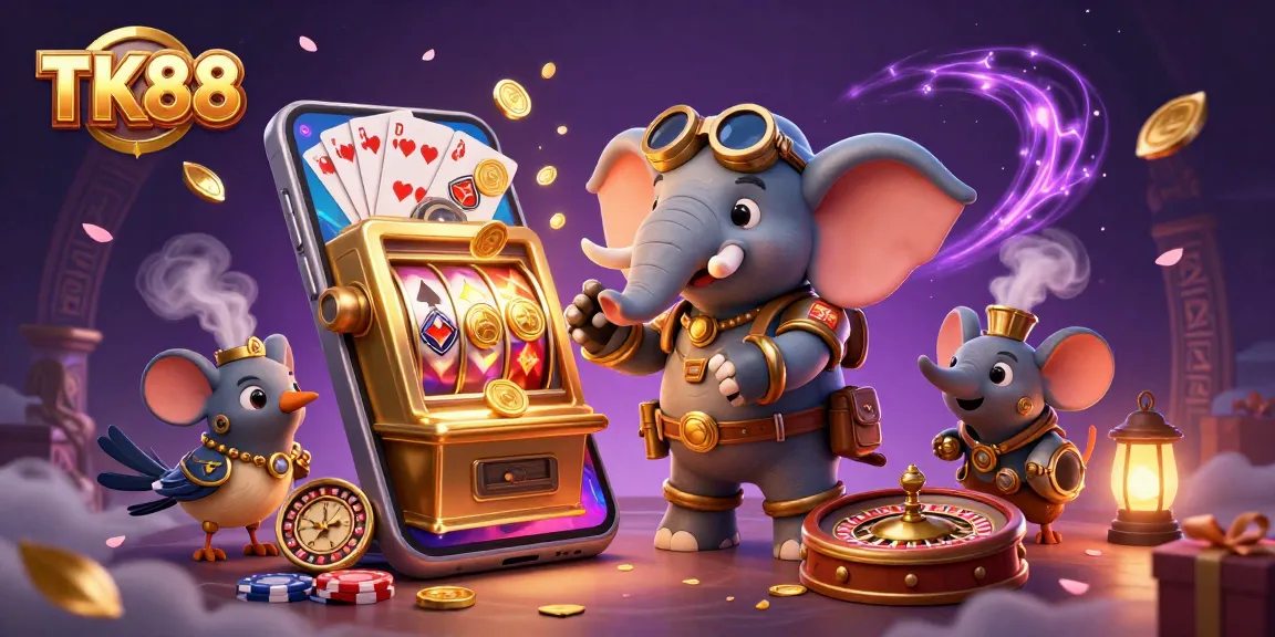 Spin the thrilling slot reels at TK88 within a vibrant steampunk casino illustration, packed with dynamic gaming elements.