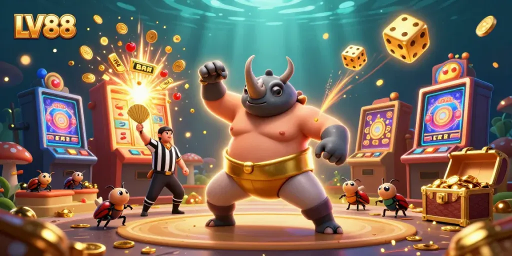 Experience the excitement of LV88 with dynamic casino-themed characters surrounded by vibrant gaming elements.