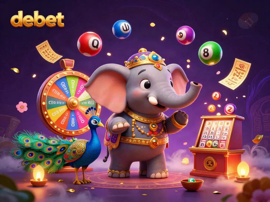 Experience the excitement with debet as colored lottery balls dynamically bounce around a vibrant scene with a festive elephant and peacock.