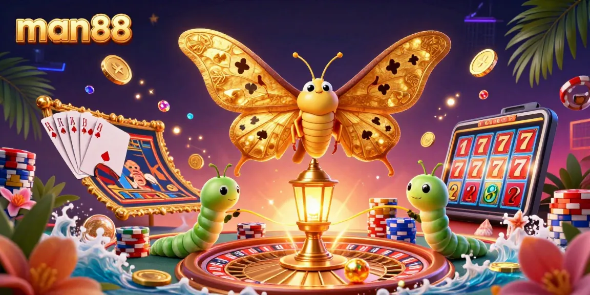 Experience excitement with man88, featuring a vibrant 3D scene of winning slots and casino games.