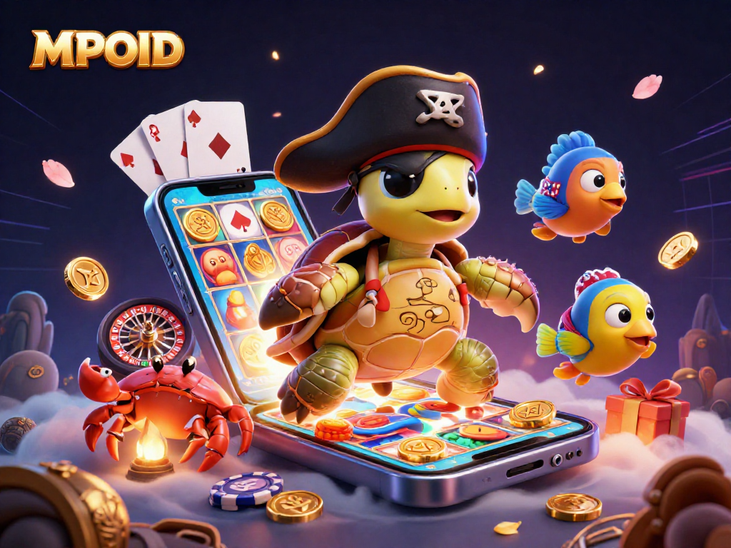 MPOID features a vibrant 3D cartoon pirate turtle surrounded by casino elements, including slot games and golden treasures.