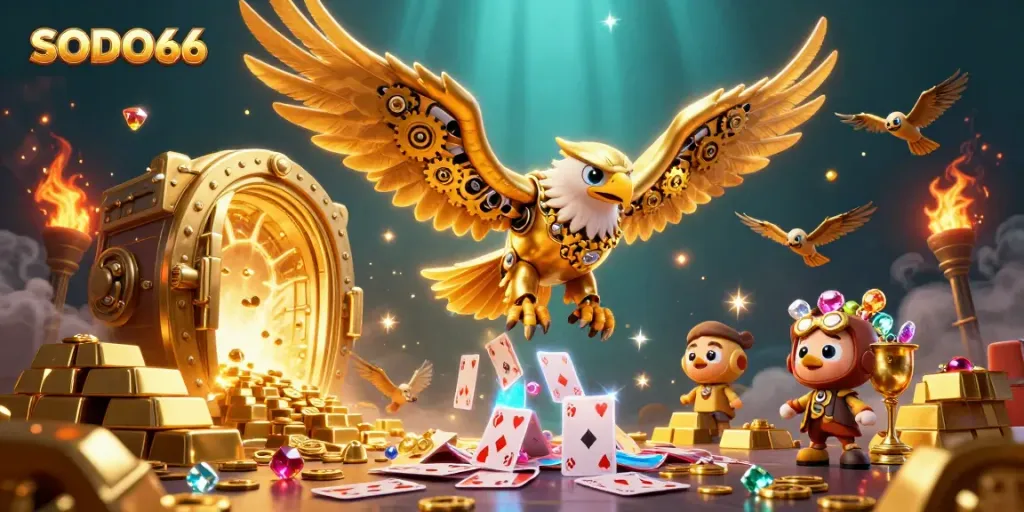 SODO66 showcases a cybernetic golden eagle amidst a vibrant display of gaming treasures and holographic cards.