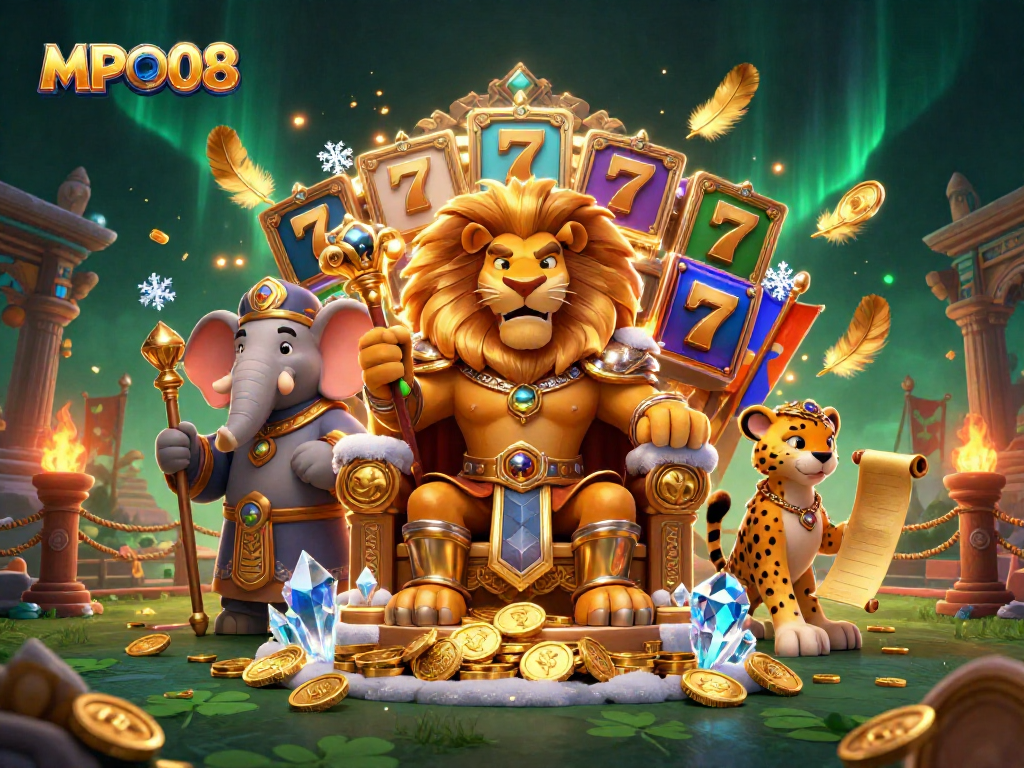 MPO08 offers thrilling slot gameplay with a royal lion king, wise elephant advisor, and quick cheetah in a vibrant casino atmosphere.