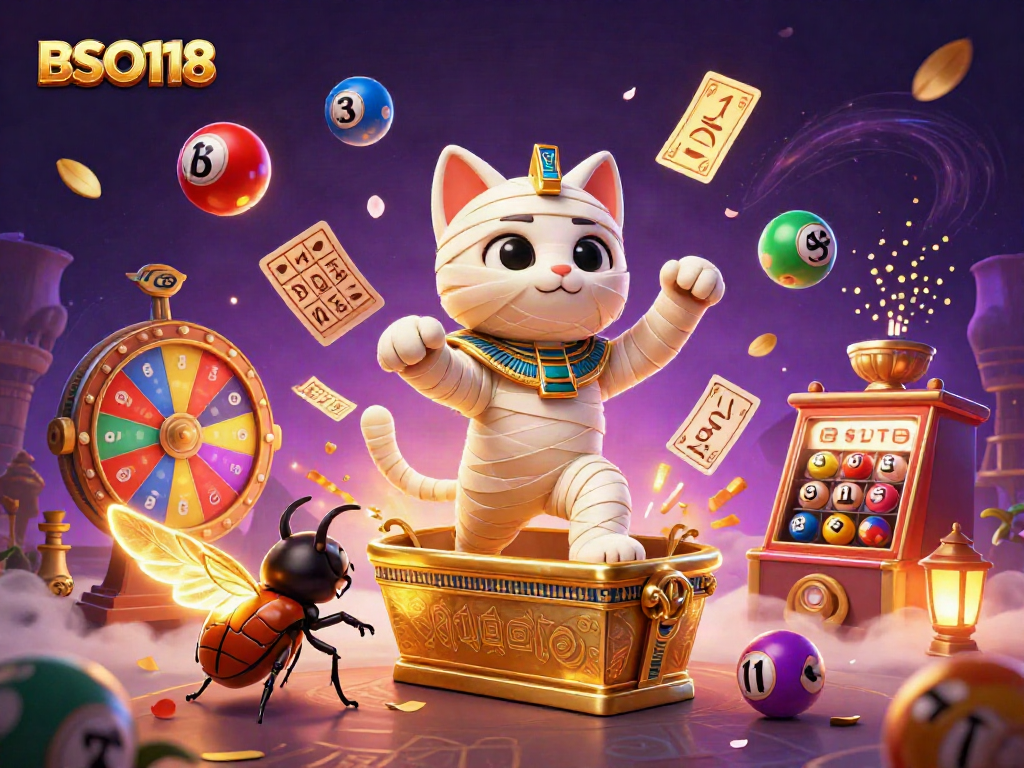 Experience thrilling wins with BSO118 in this vibrant casino scene featuring a mummy cat and scarab beetle.