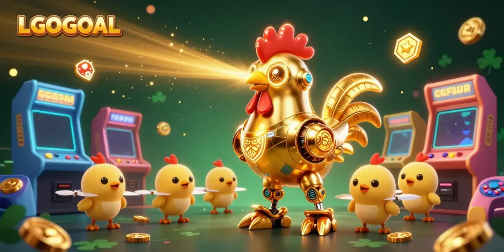 Engage with LGOGOAL in a vibrant 3D gaming universe featuring dynamic robots and gaming elements.