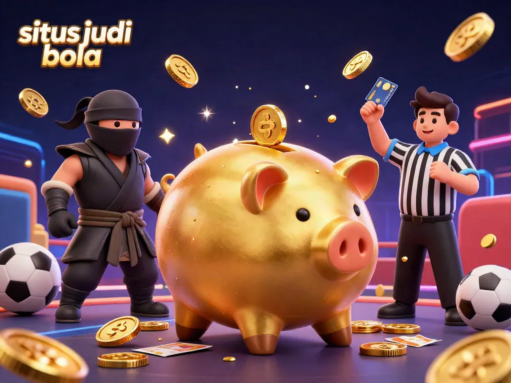 Situs judi bola scene with sports betting elements featuring an animated golden piggy bank, ninja, and referee