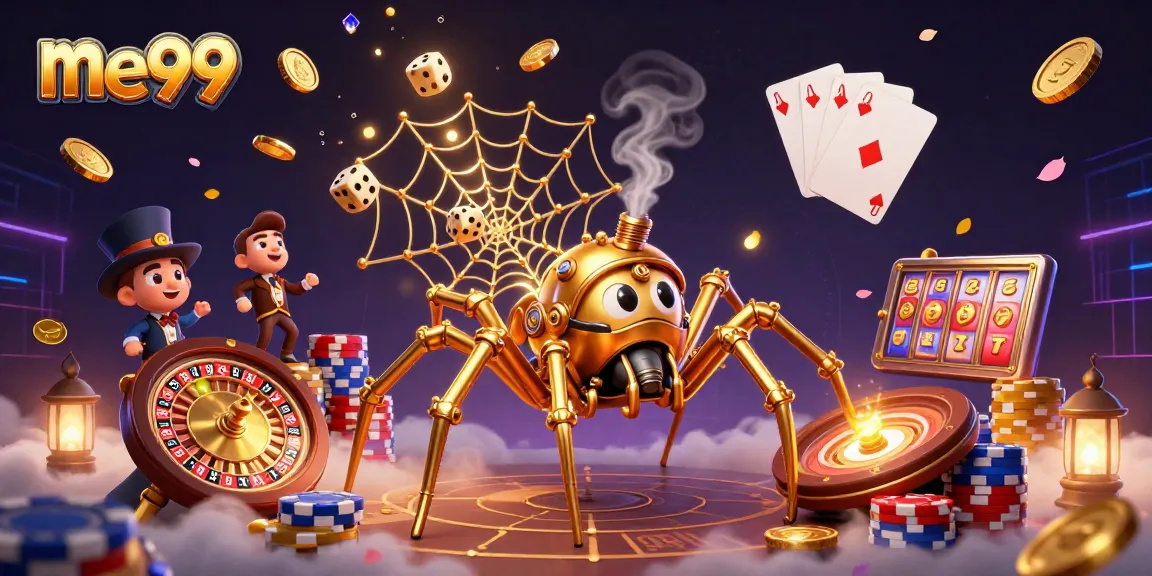Experience excitement at me99 with an engaging illustration of a rich casino scene and unique characters.