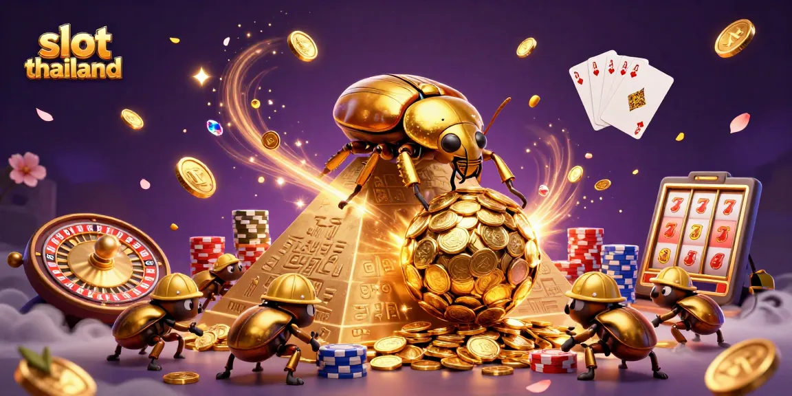Slot Thailand: Kumbang emas raksasa menggulung koin emas di kasino yang megah.