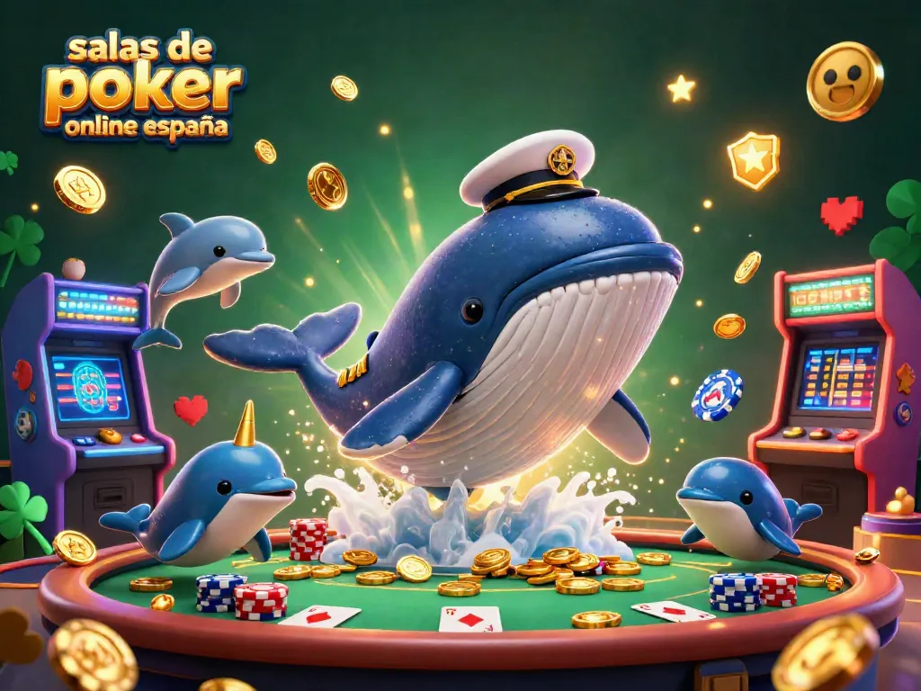 Salas de poker online España: ilustración de un ballena capitán con monedas y delfines jugando al póker