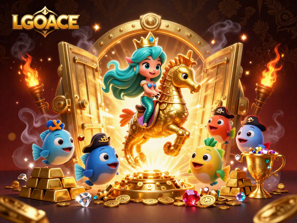 LGOACE showcases a vibrant 3D illustration with a mermaid, a seahorse, and colorful fish amidst casino treasures.