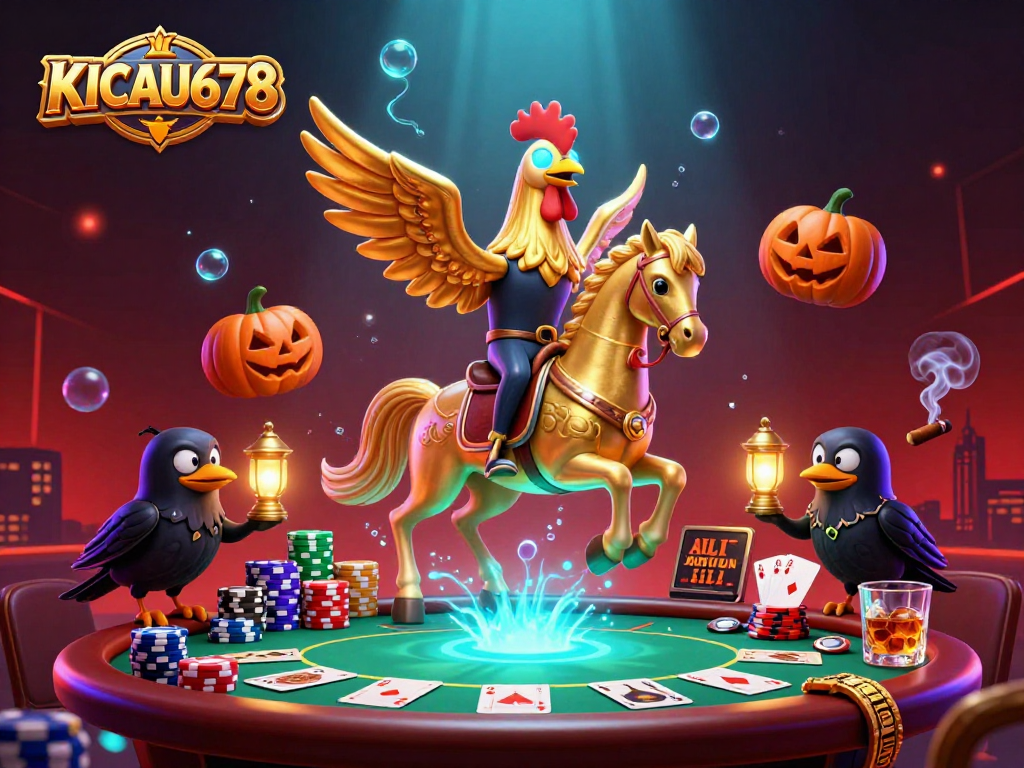 KICAU678 showcases a vibrant casino scene with a golden rooster, poker elements, and glowing lanterns.