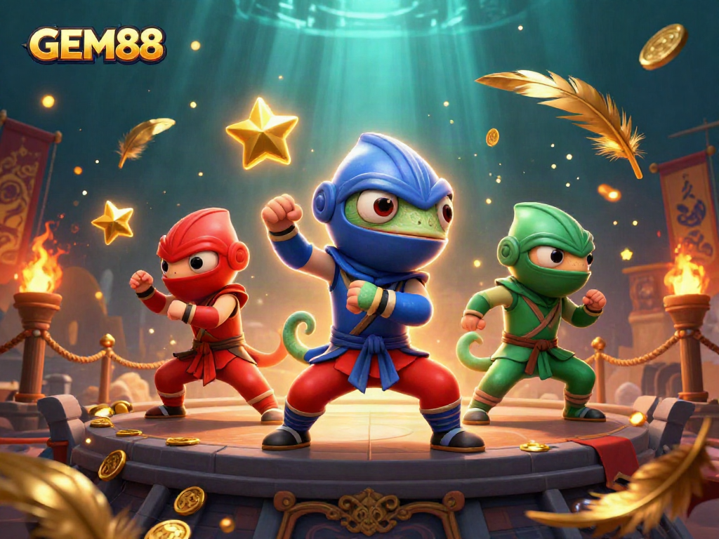 Engage in epic battles with GEM88 characters in a vibrant casino-themed scene full of action.