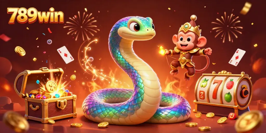 Engage with 789win’s vibrant casino scene featuring a rainbow serpent and monkey king.