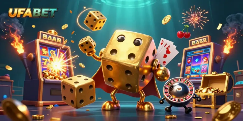Experience the thrilling excitement of UFABET's online gaming world with vibrant golden dice and explosive jackpots!