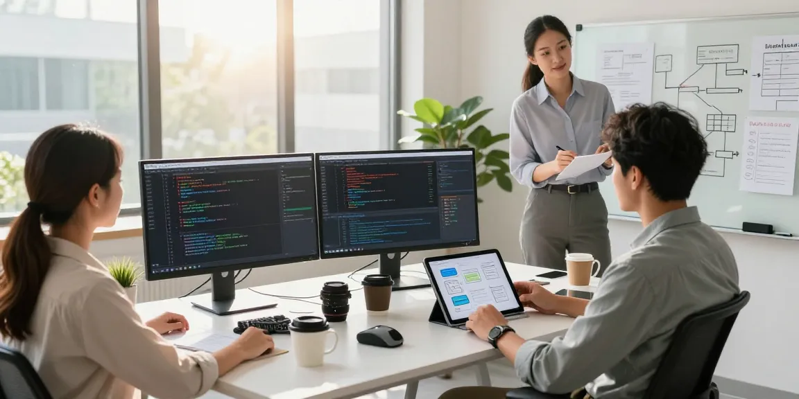 Build internal tools with AI in a collaborative software development workspace with diverse tech professionals.