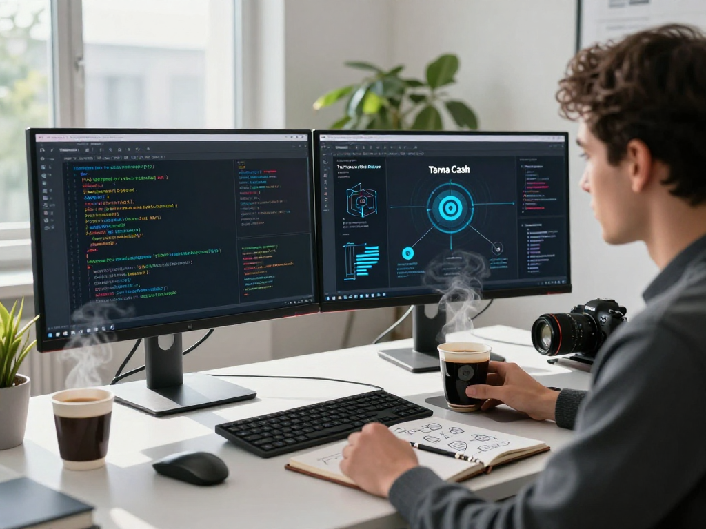 Developer analyzing Tornardo Cash crypto solutions in dynamic workspace with modern technology and educational materials.
