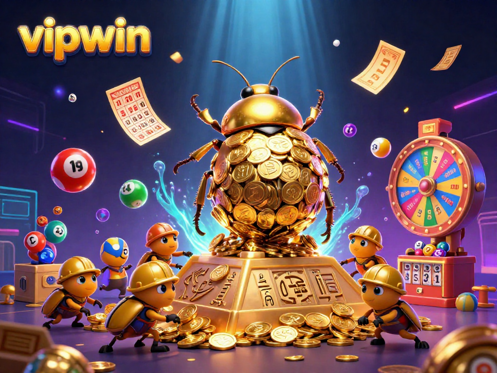 Experience winning with vipwin in a dynamic casino scene featuring gold coins and lottery elements.