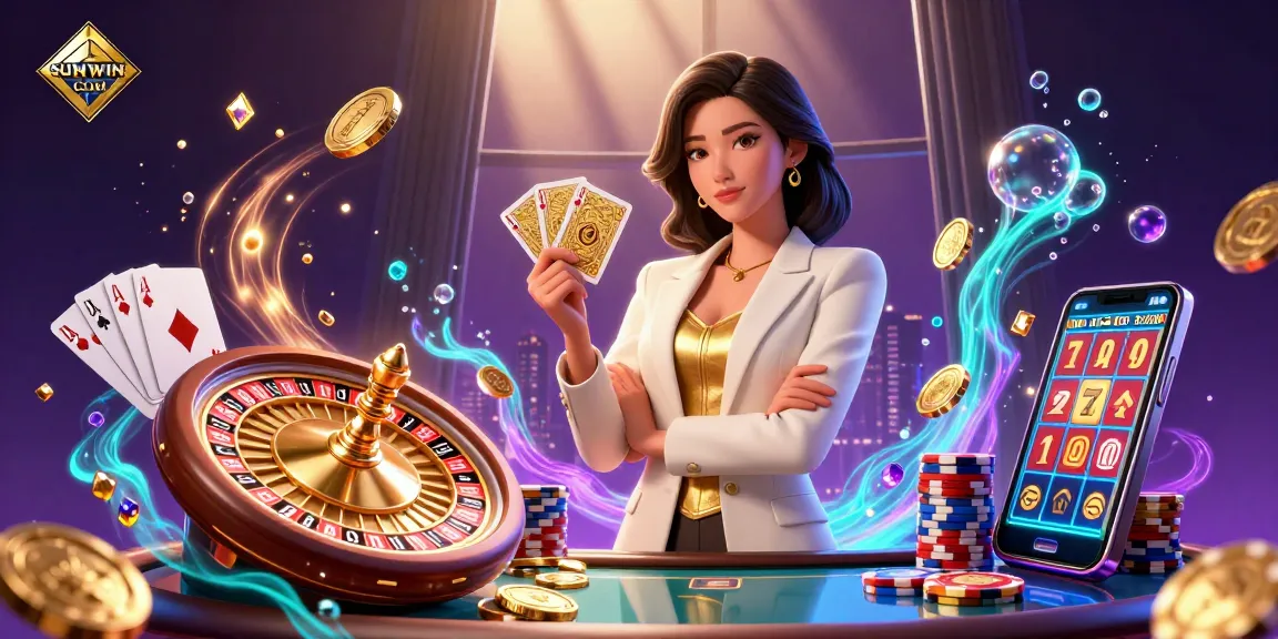 Experience thrilling gambling with SUNWIN COM as a glamorous Asian woman showcases her poker skills in a vibrant casino.